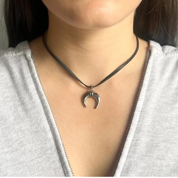 Caroline Neron Black Leather Necklace with Silver Crescent Pendant - Picture 2 of 4